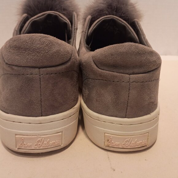 SAM EDELMAN Leya Sz 7.5US/37.5EU Gray Suede Faux Fur Pompoms Stringless Sneaker - Picture 11 of 12